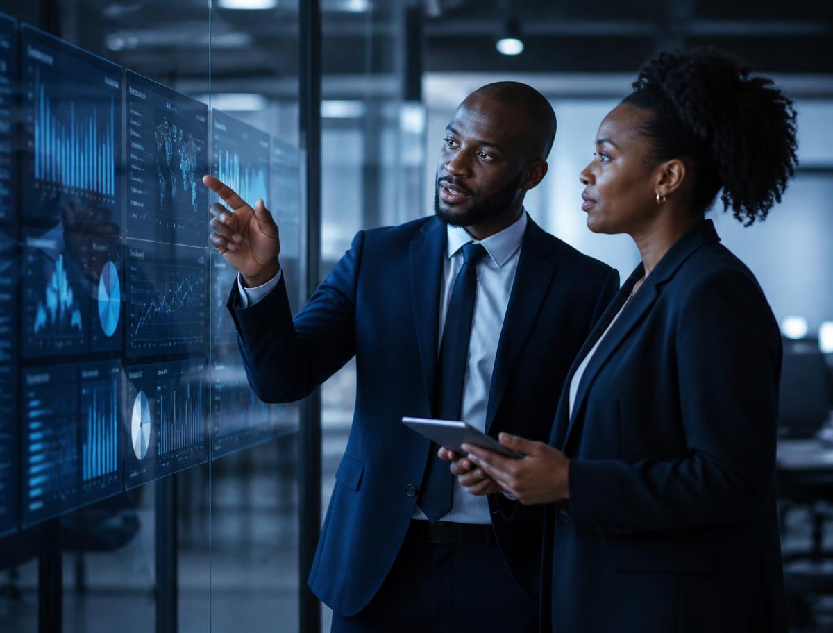 Black executives assessing AI opportunities and enterprise data dashboards